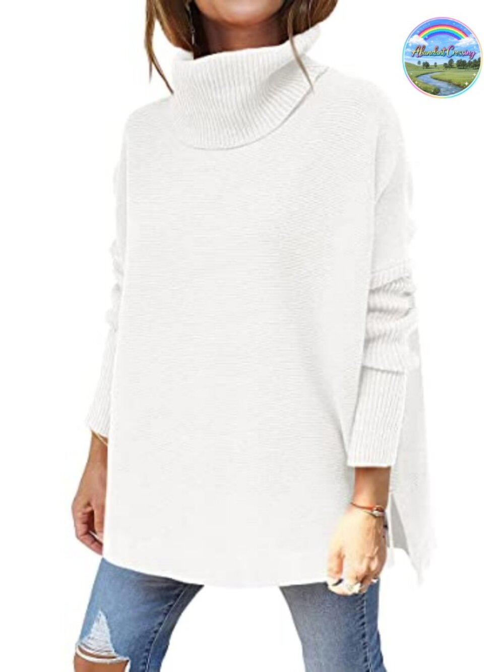 Oversized Turtleneck Sweater with Batwing Sleeves and High-Low Hem